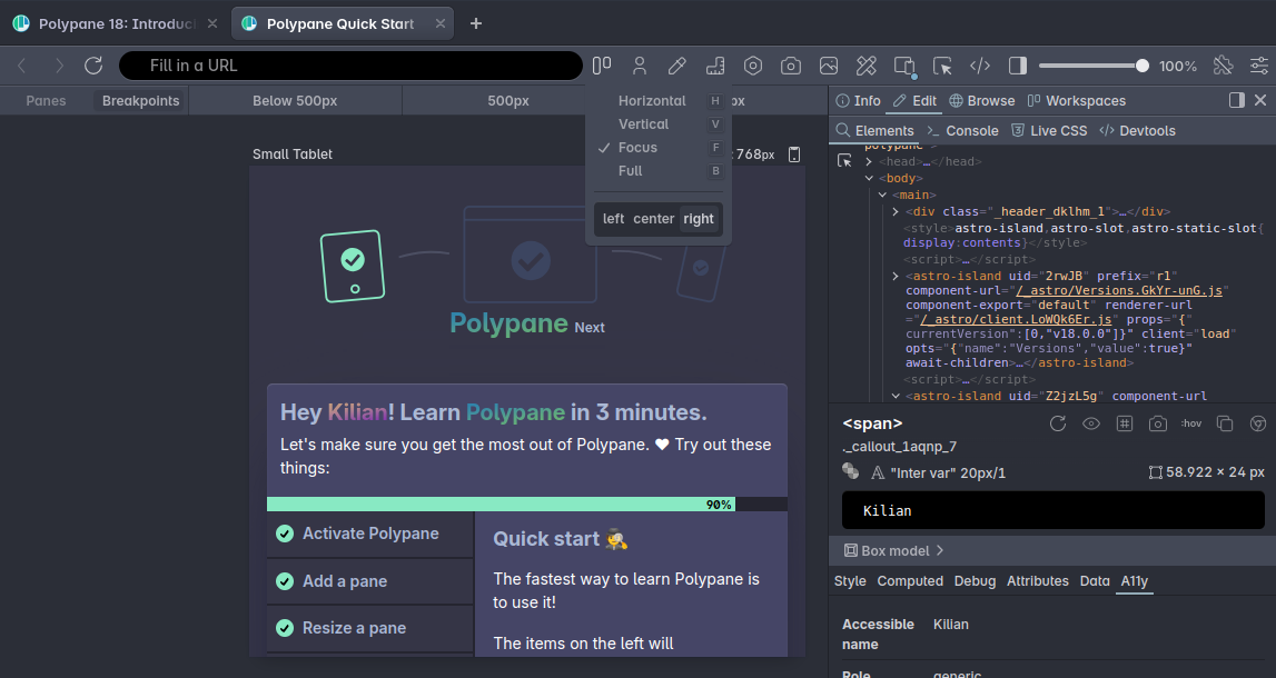 right-aligned focus pane with open UI